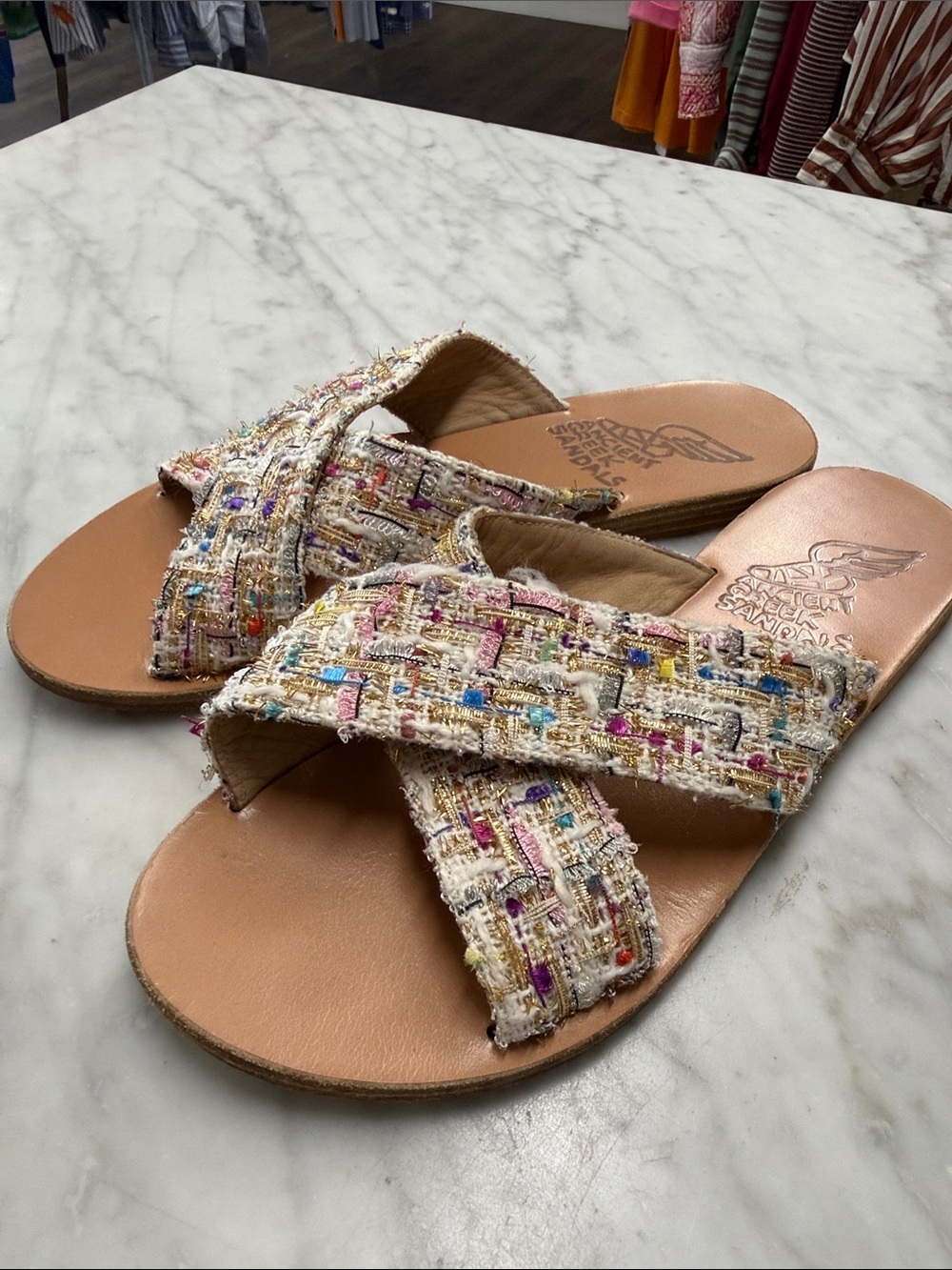 Ancient Greek Sandals Colorful Tweed Slip On Sandal Size 38